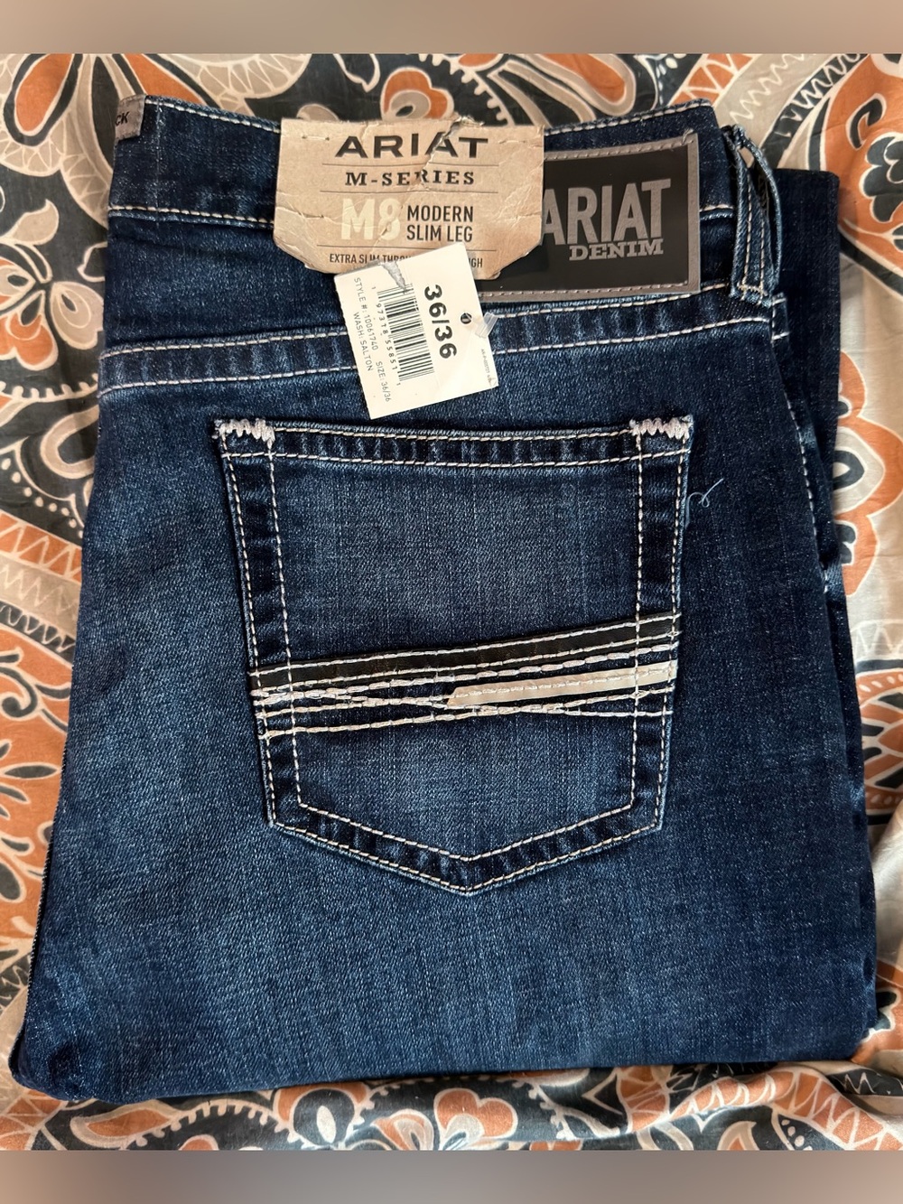 NWT mens Ariat M-Series M8 modern Slim Leg Jeans in Dark Blue Denim SIZE 36x36